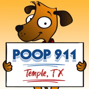 Smiling brown dog holding up a POOP 911 Temple, TX Pooper Scooper Service yard sign.
