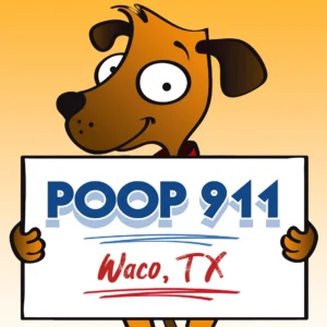 Smiling brown dog holding up a POOP 911 Waco, TX Pooper Scooper Service yard sign.
