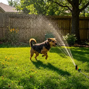 Happy dog in Summer playing in the backyard with the sprinkler.