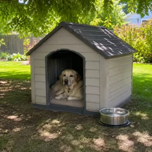 Dog staying cool and comfy in the shade.
