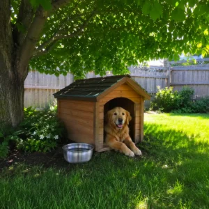 Dog staying cool under a shade tree in the backyard.