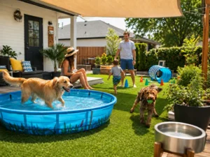 Family having fun in the backyard in Summertime.