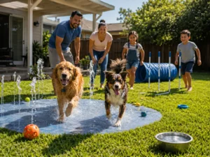 A family enjoying the backyard in Summer with their very happy dogs.