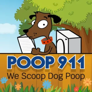 POOP 911 Logo with dog on the toilet in the middle of a hot, sunny Summer day in the backyard.
