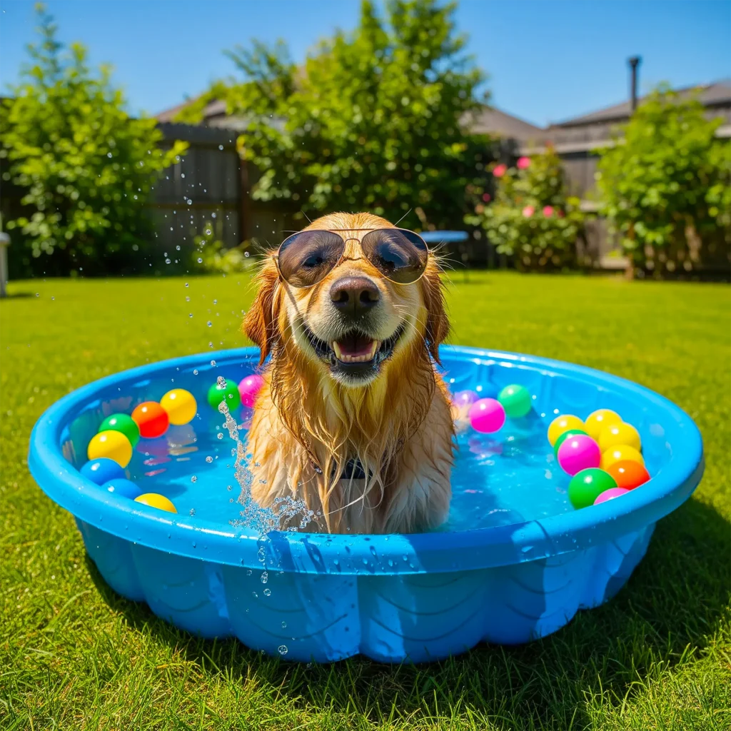 Want A Dog POOP FREE Yard This Summer? Happy cool dog chilling in a kiddie pool in the backyard.