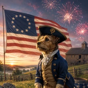 Patriotic Terrier in historic attire. Paws of the Revolution: The Dogs of America’s 13 Colonies.