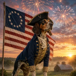 Patriotic dawn with heroic Coonhound. Paws of the Revolution: The Dogs of America’s 13 Colonies.