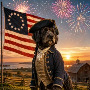 Patriotic Water Dog in historic attire. Paws of the Revolution: The Dogs of America’s 13 Colonies.