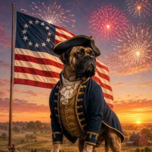 Patriotic dawn with heroic Mastiff. Paws of the Revolution: The Dogs of America’s 13 Colonies.