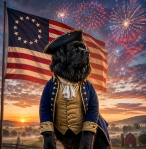 Patriotic dawn with heroic Newfoundland. Paws of the Revolution: The Dogs of America’s 13 Colonies.