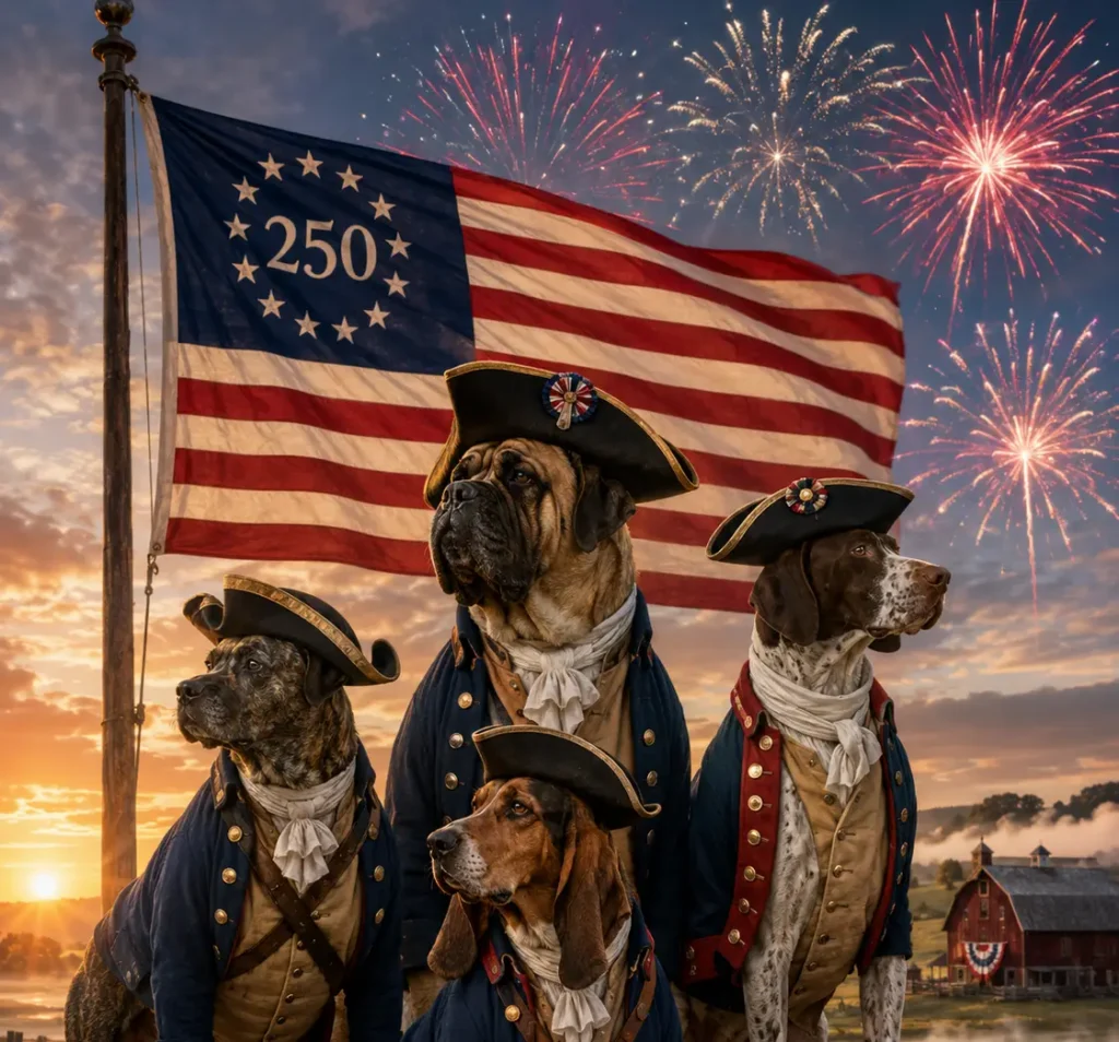 Patriotic dogs in colonial attire. Paws of the Revolution: The Dogs of America’s 13 Colonies